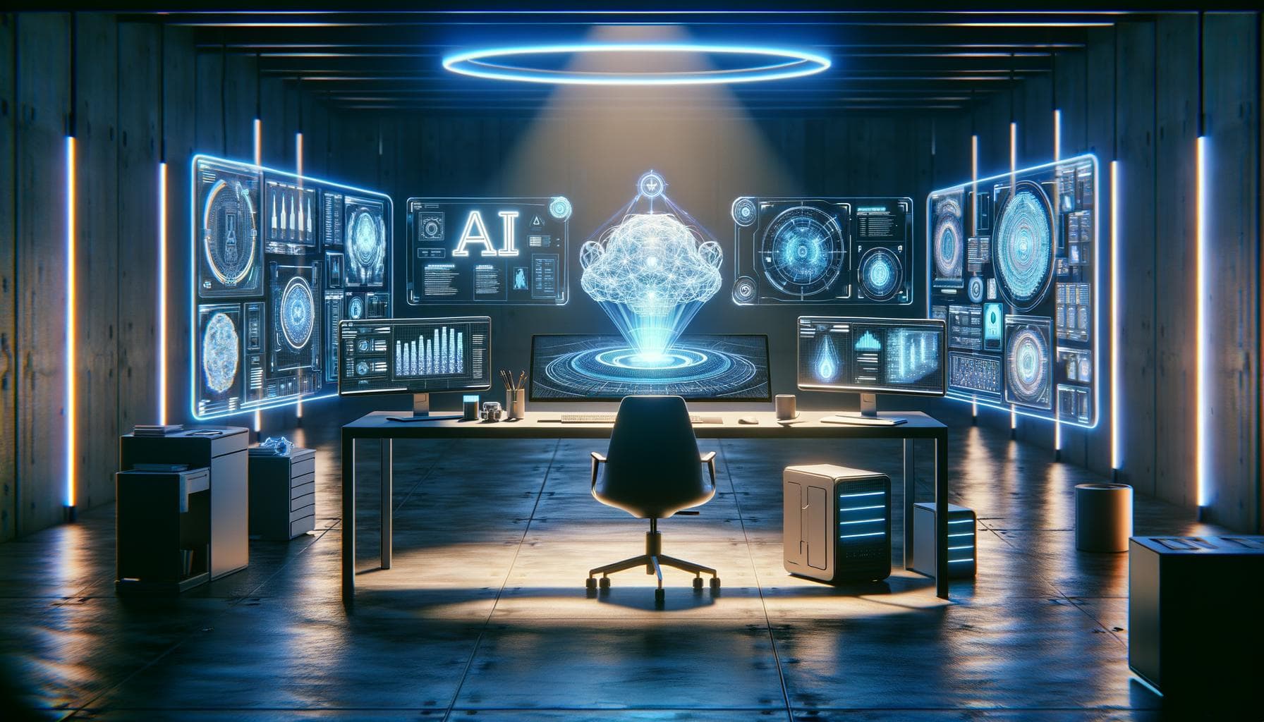 Futuristic AI technology workspace